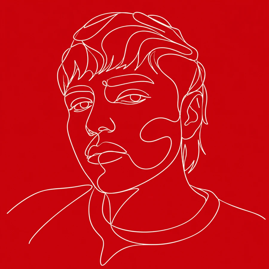 Ilustración de línea blanca sobre fondo rojo: retrato